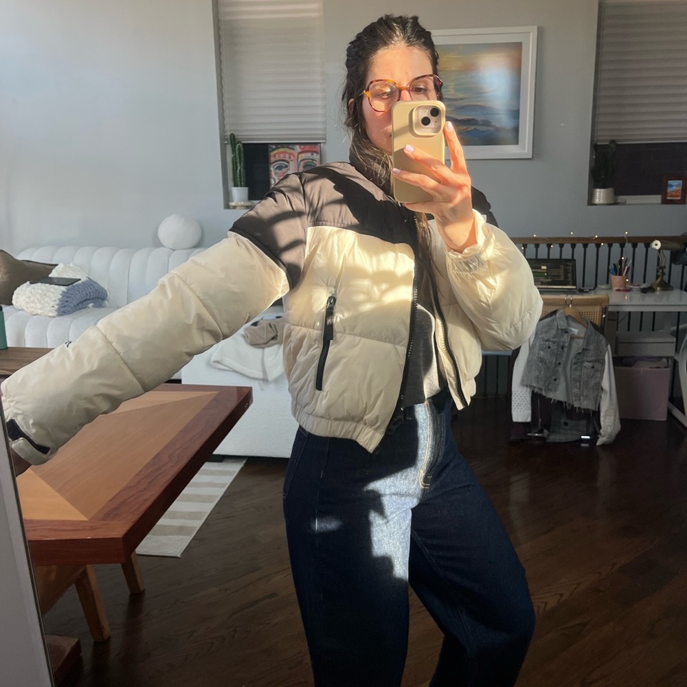 Stylish Women's Black and Cream Puffer Jacket crop top